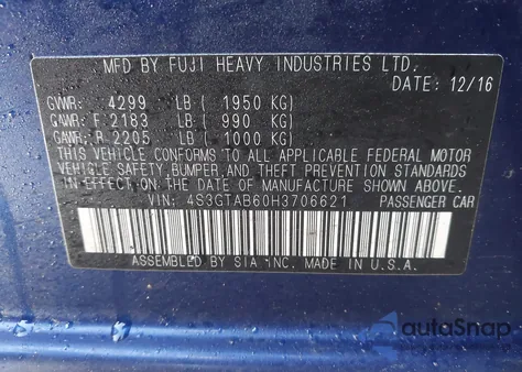 2017 Subaru Impreza 2.0I Premium z USA, uszkodzony, nr VIN 4S3GTAB60H3706621